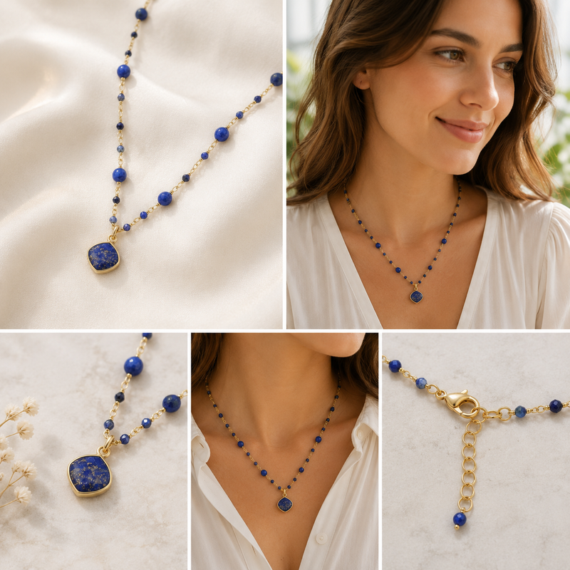 Sterling Silver Blue Sapphire & Lapis Lazuli Beaded Necklace