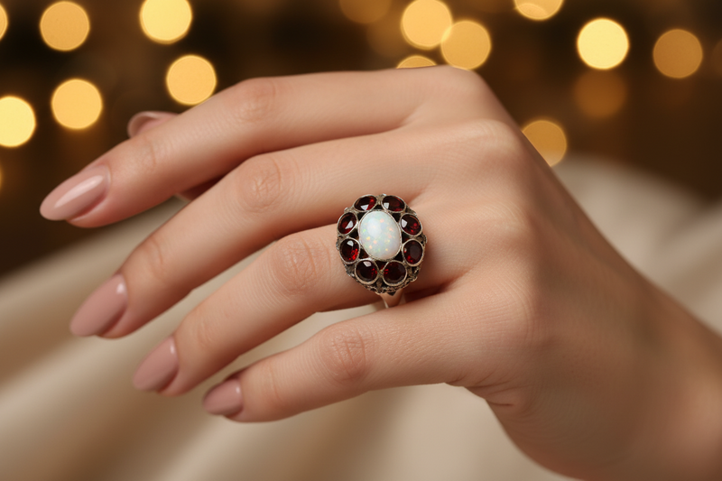 18K Opal and Garnet Ring Deco