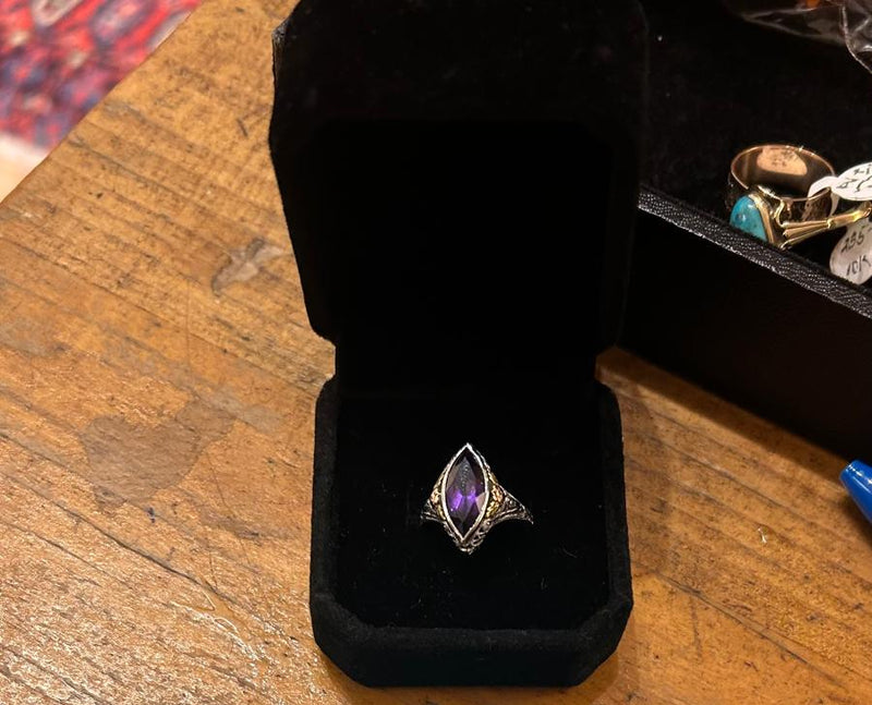 14K Art Deco tri- colored filigree / amethyst,