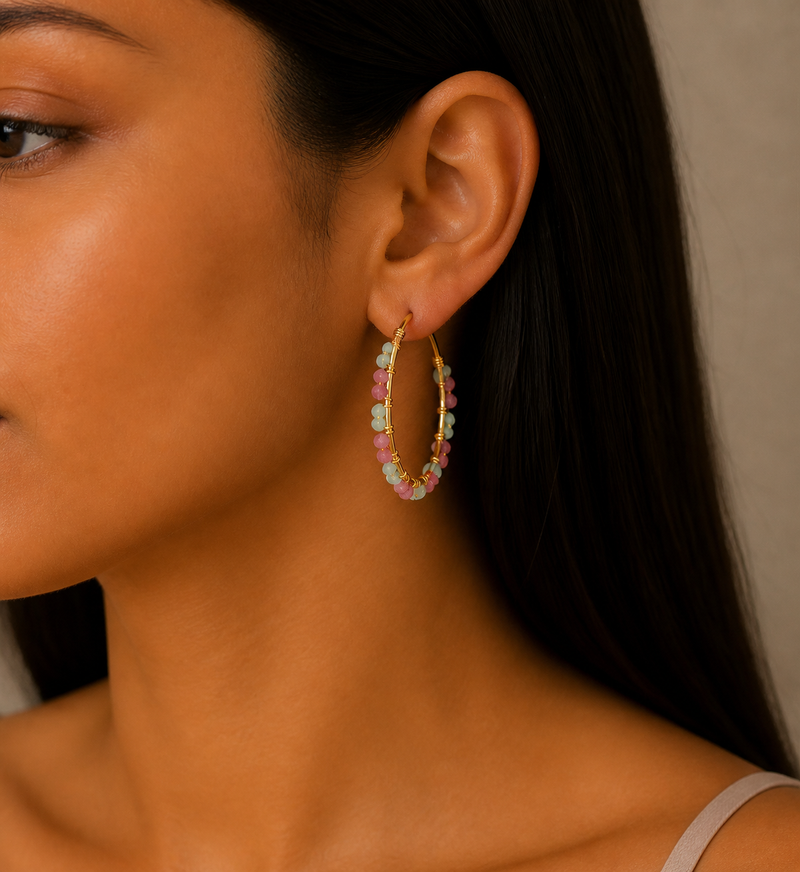 Sterling Silver Hoop Earrings, Beaded with and Pink Tourmaline and Sky Blue Jade, Plated with 0.3 Micron 18K Yellow Gold