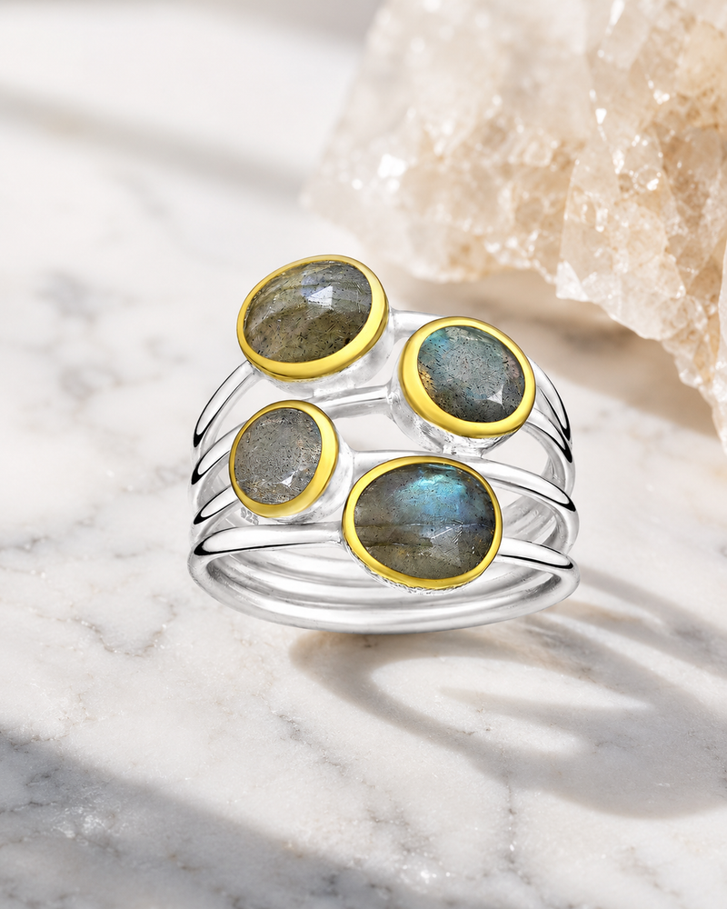 Sterling Silver Multi-Stone Labradorite Ring, 18K Yellow Gold Plated