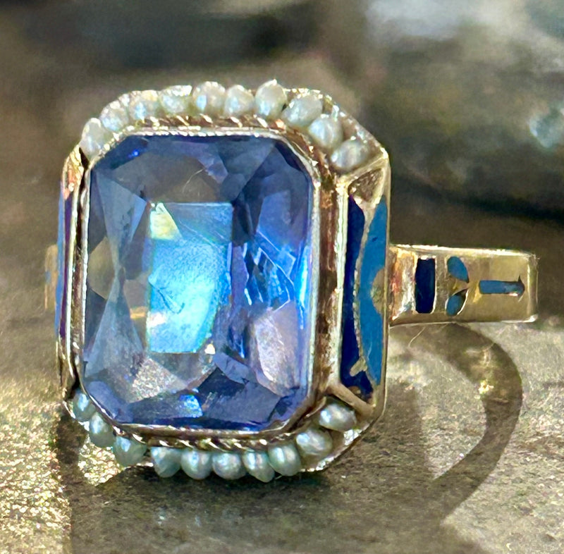 Art Deco 14K Synthetic sapphire with enamel and seed pearls, size 6 1/2