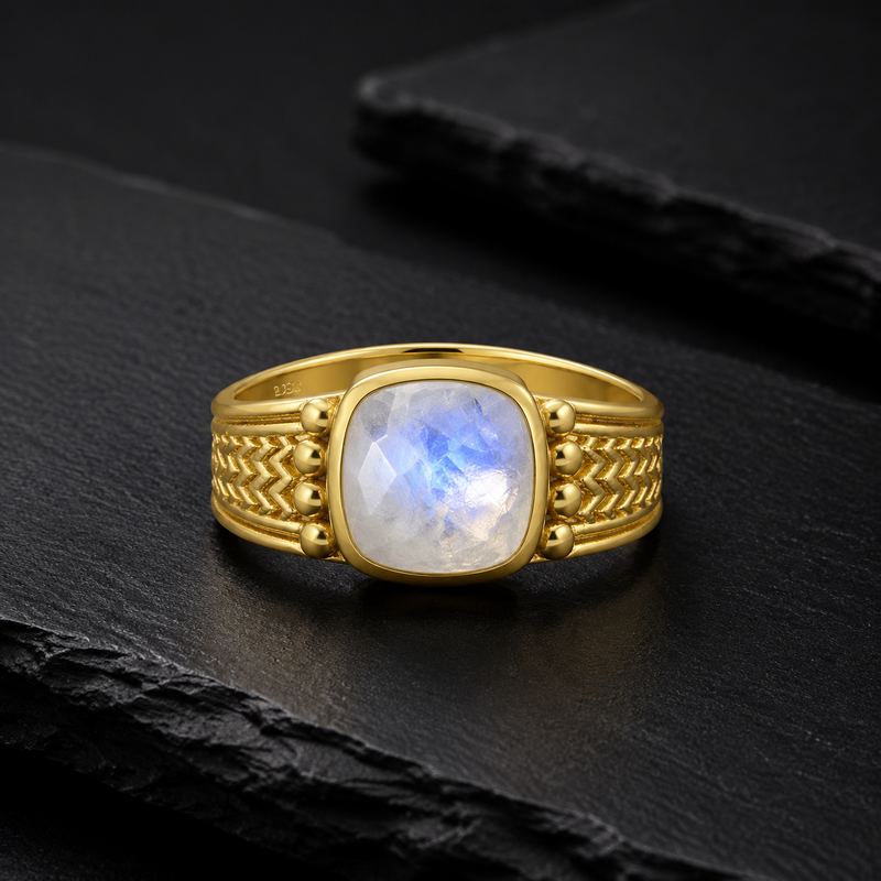 18K Gold Plated Sterling Silver Rainbow Moonstone Ring