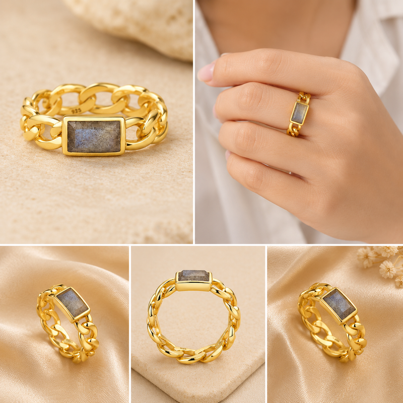Sterling Silver Labradorite Chain Link Ring, 18K Yellow Gold Plated