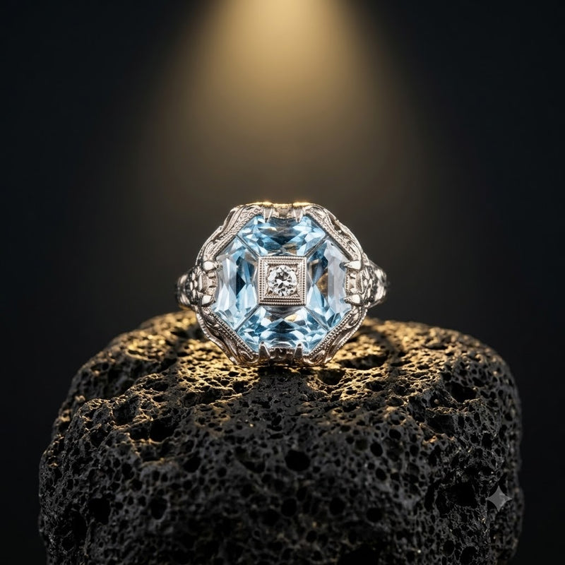 14K Aquamarine Diamond Filigree Ring