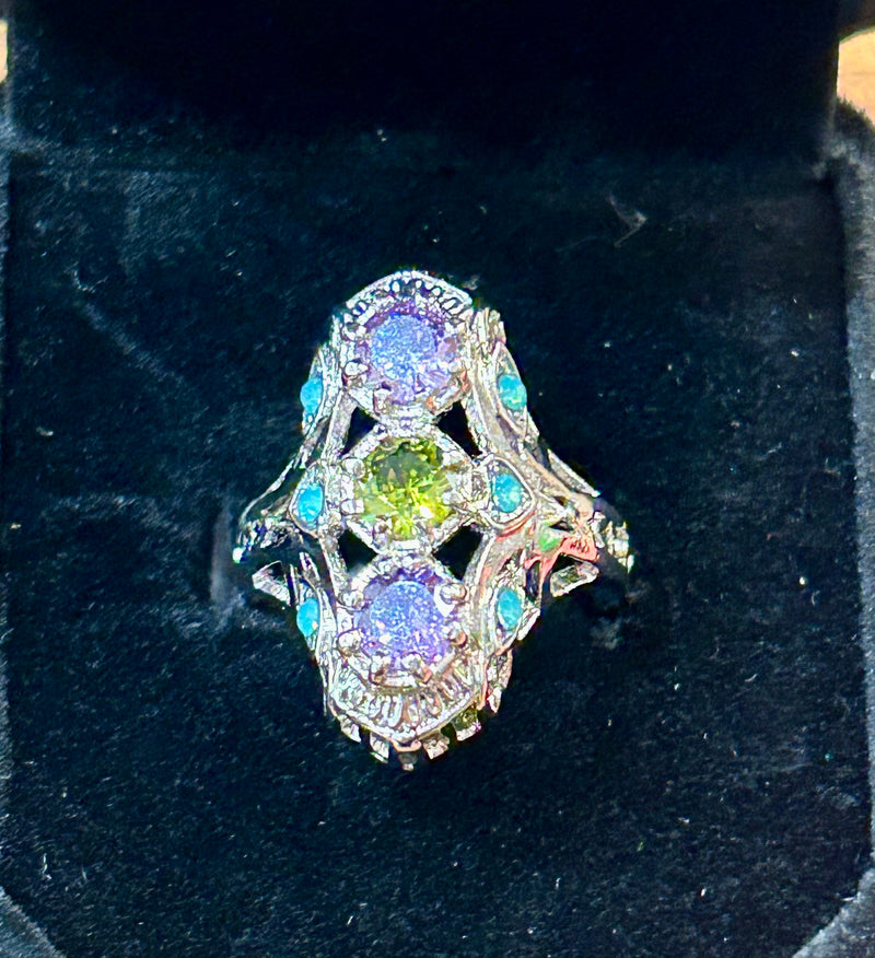 Sterling Silver Art Deco style ring with gem stones size 7