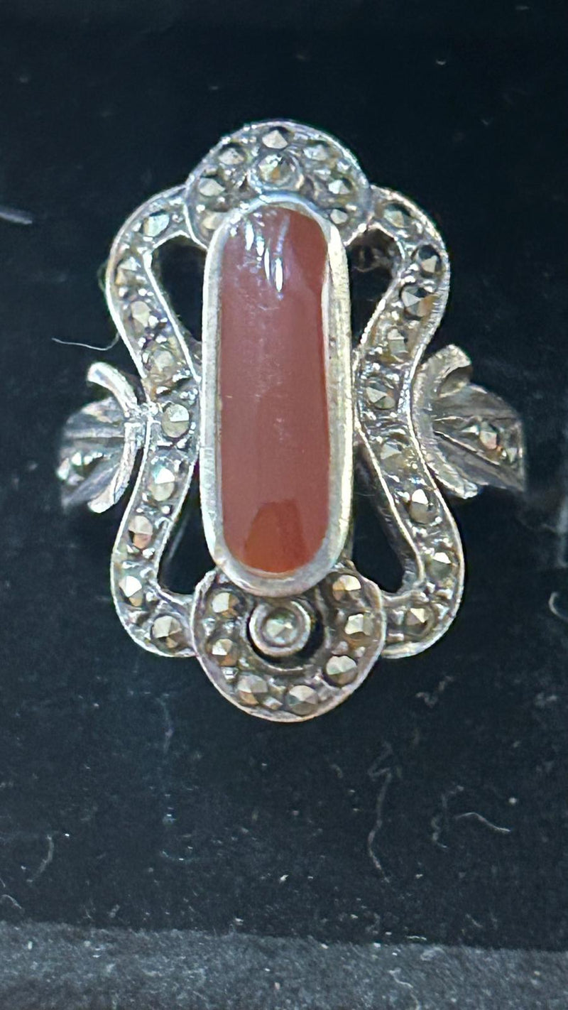 Art Deco Sterling Silver Marcasite & Carnelian Ring