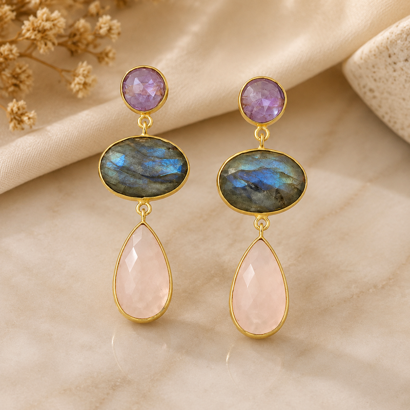 18K Gold-Plated Sterling Silver Amethyst, Labradorite & Rose Quartz Drop Earrings
