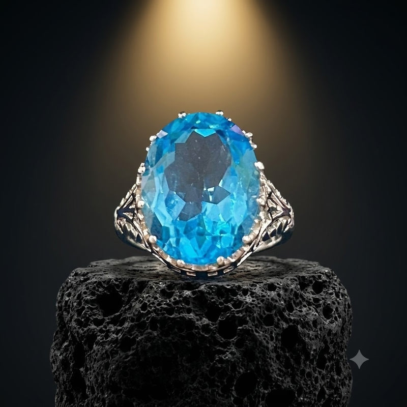 Sterling Silver Oval Blue Topaz Ring – Vintage Filigree Statement Ring, size 6
