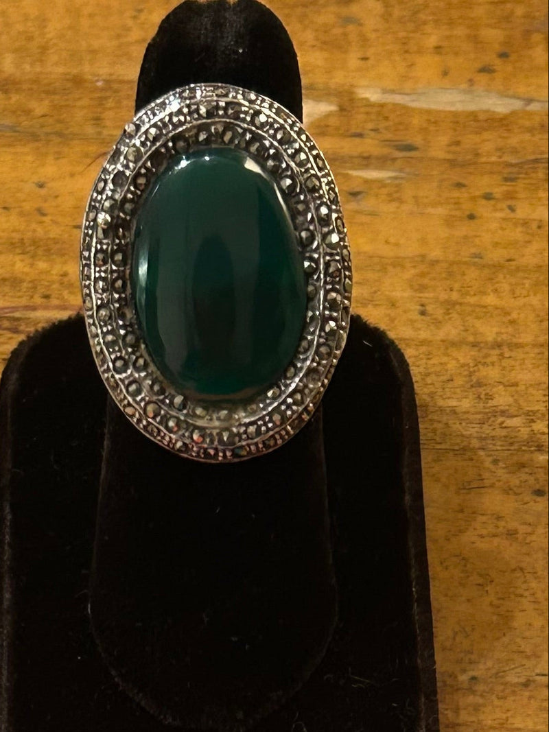 Art Deco Green Onyx & Marcasite Ring – Vintage Sterling Silver Statement Ring | Size 6.5