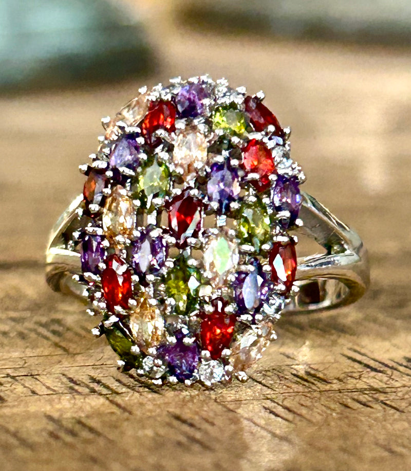 Vintage Sterling Silver Multi Gemstone Ring – Modern Oval Statement Ring
