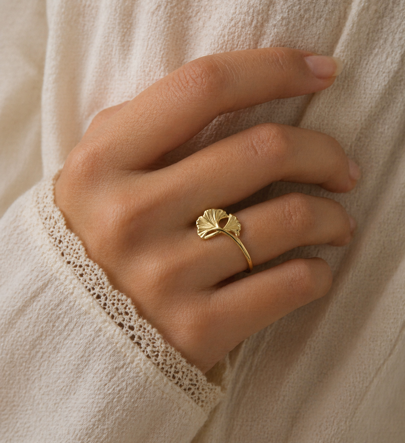 Sterling Silver Ginkgo Leaf Ring, Plated with 1 Micron 14K Yellow Gold
