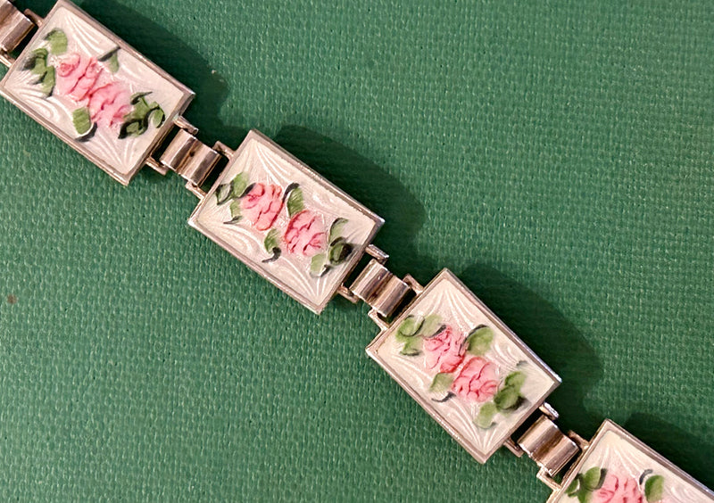 Art Deco Sterling Silver Enamel Floral Link Bracelet 6.5"
