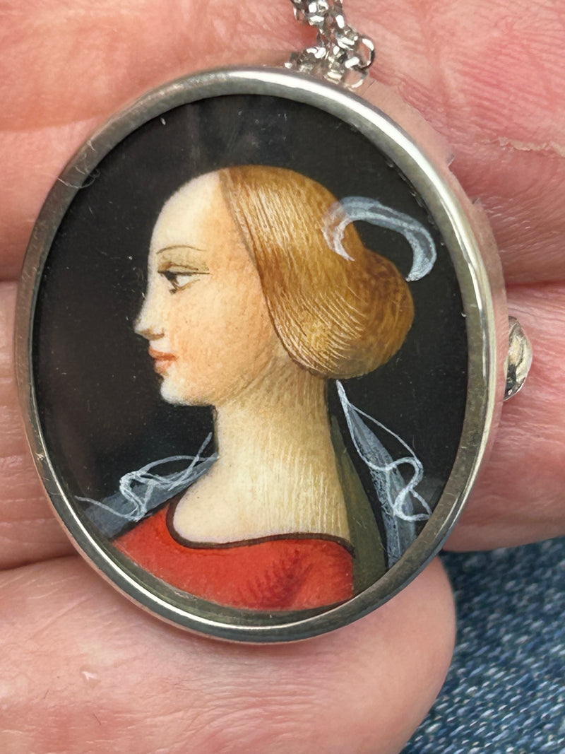 Victorian 800 silver hand painted portrait on an 18” sterling chain. Pendant/pin 1” x 7/8”