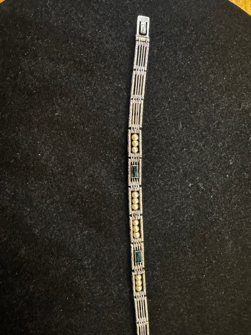 Art Deco Sterling Silver Bracelet with Faux Pearls & Green Paste Stone