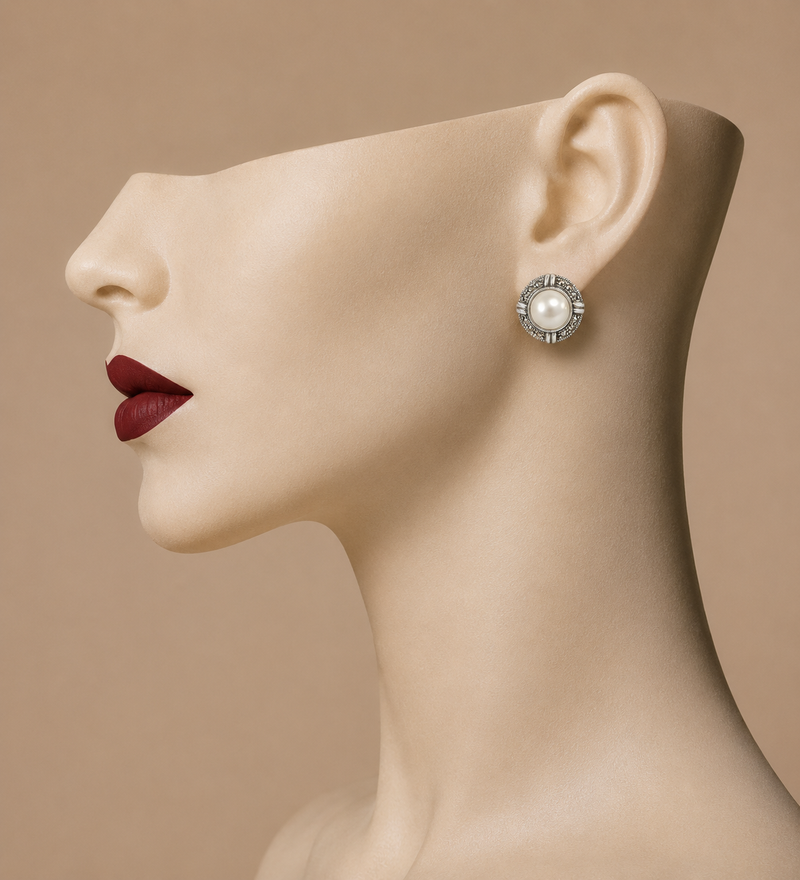 Sterling Silver Marcasite & Faux Pearl Stud Earrings