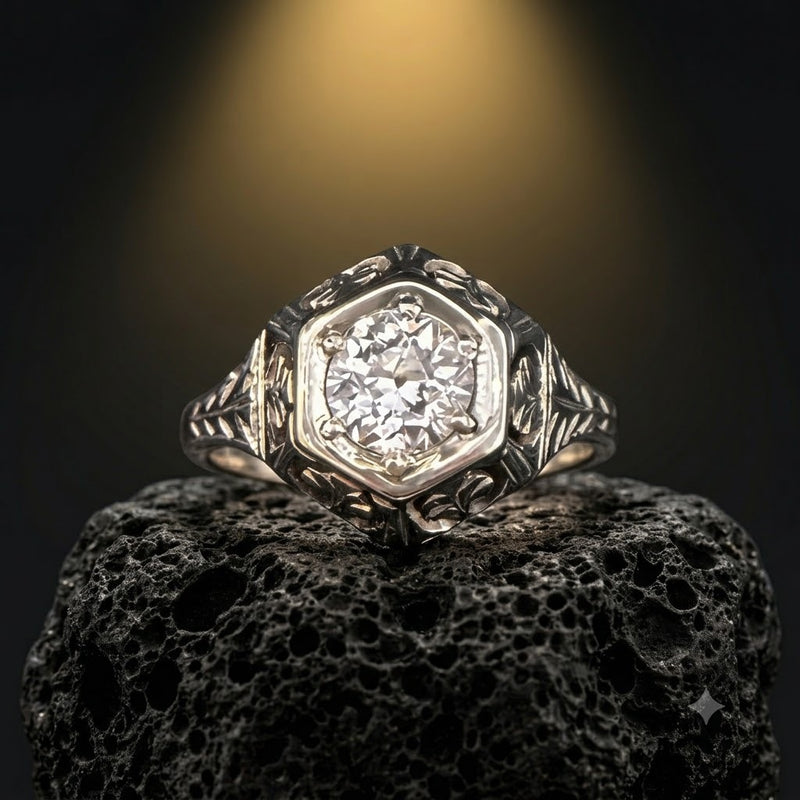 18K Art Deco Filigree 0.51 CT Old Mine Cut Diamond Ring