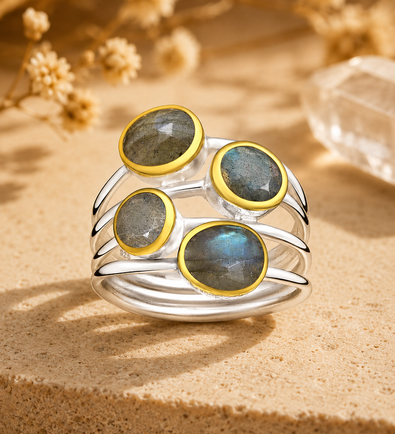 Sterling Silver Multi-Stone Labradorite Ring, 18K Yellow Gold Plated