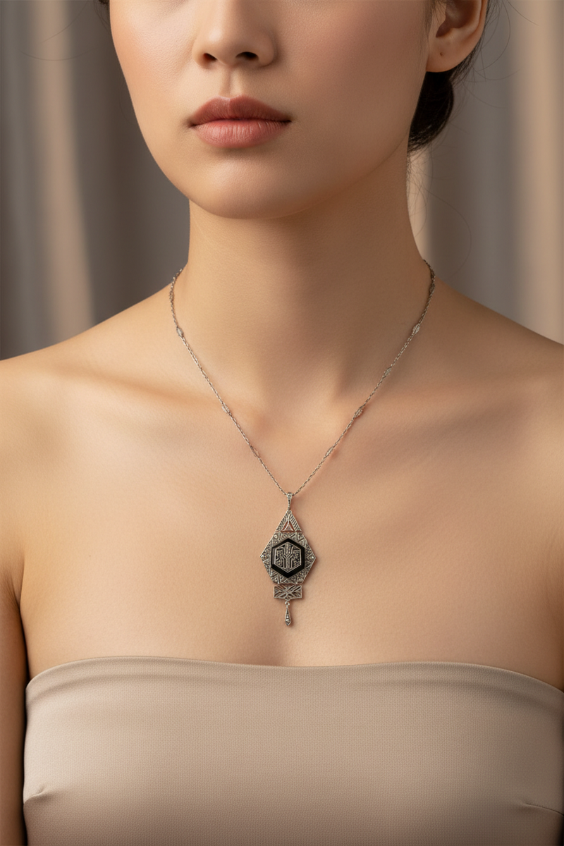 SS Deco Onyx and marcasite necklace
