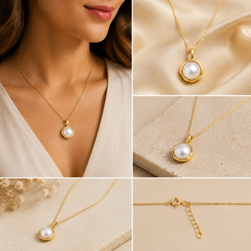 Sterling Silver Freshwater Pearl Necklace, 1 Micron 14K Yellow Gold Plated