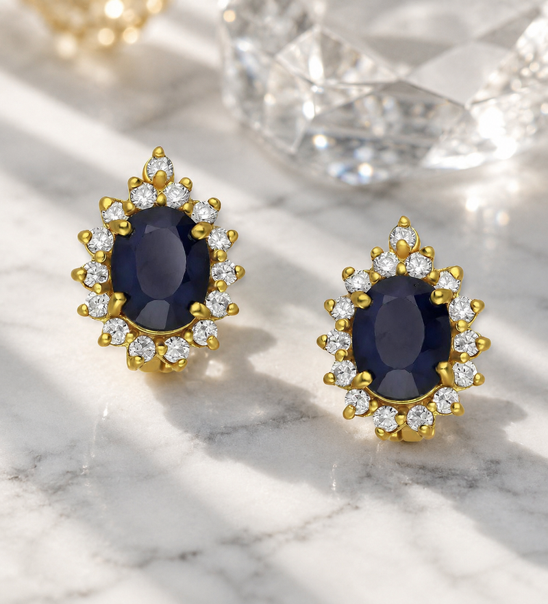 Blue Sapphire Halo Omega Back Earrings