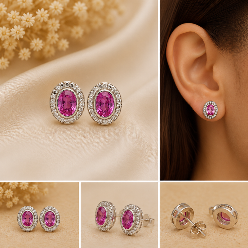 Pink Sapphire Halo Earrings – 14K White Gold