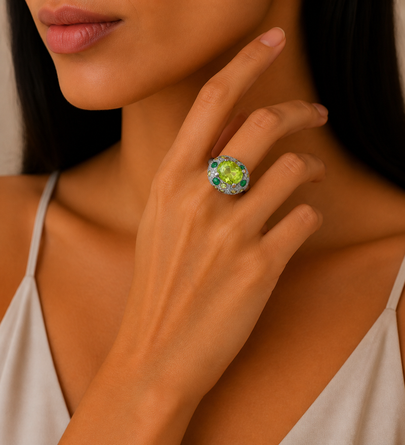 Sterling Silver Ring Decorated with Emeralds and Peridots, Plated with Grey Ruthenium and Rhodium