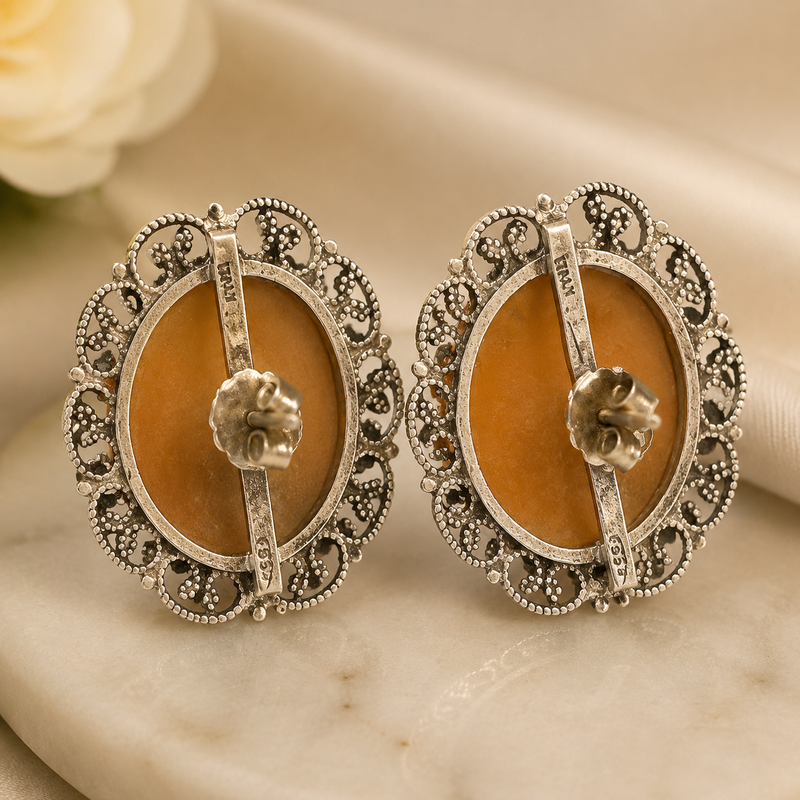 Vintage Italian Sterling Silver Shell Cameo Earrings – Classic Filigree Lady Portrait Earrings
