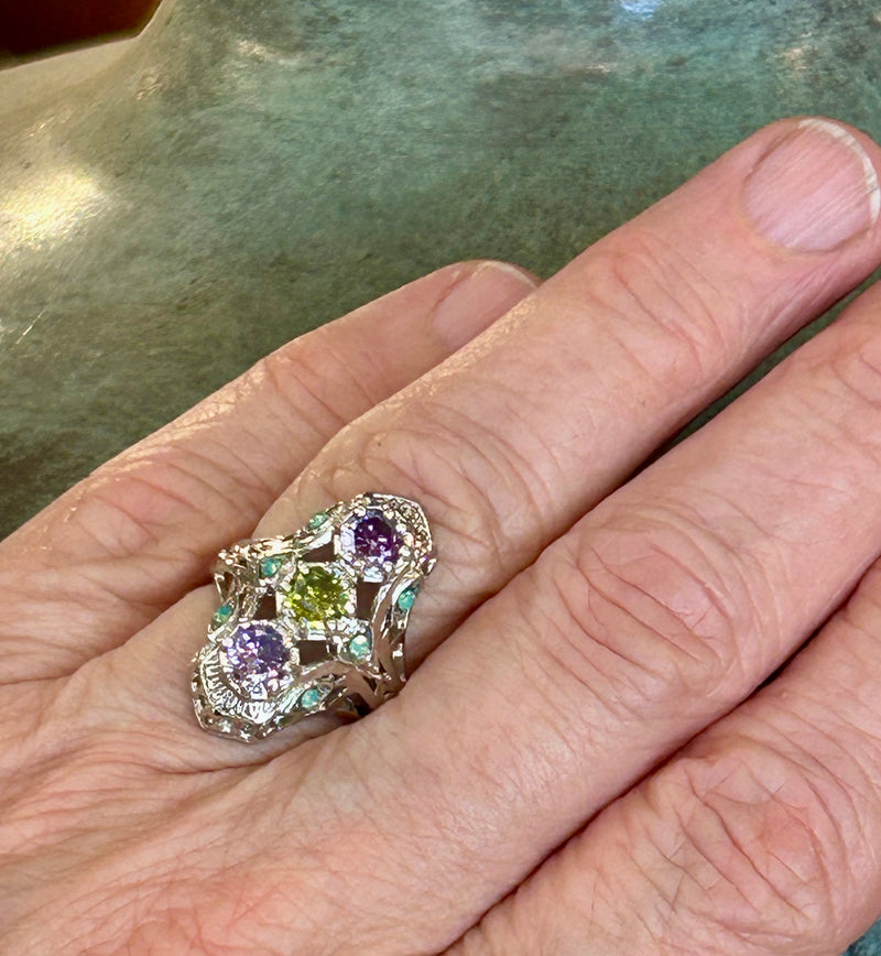 Sterling Silver Art Deco style ring with gem stones size 7