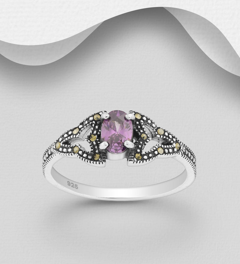 Sterling Silver Ring with CZ Simulated Diamonds & Marcasite