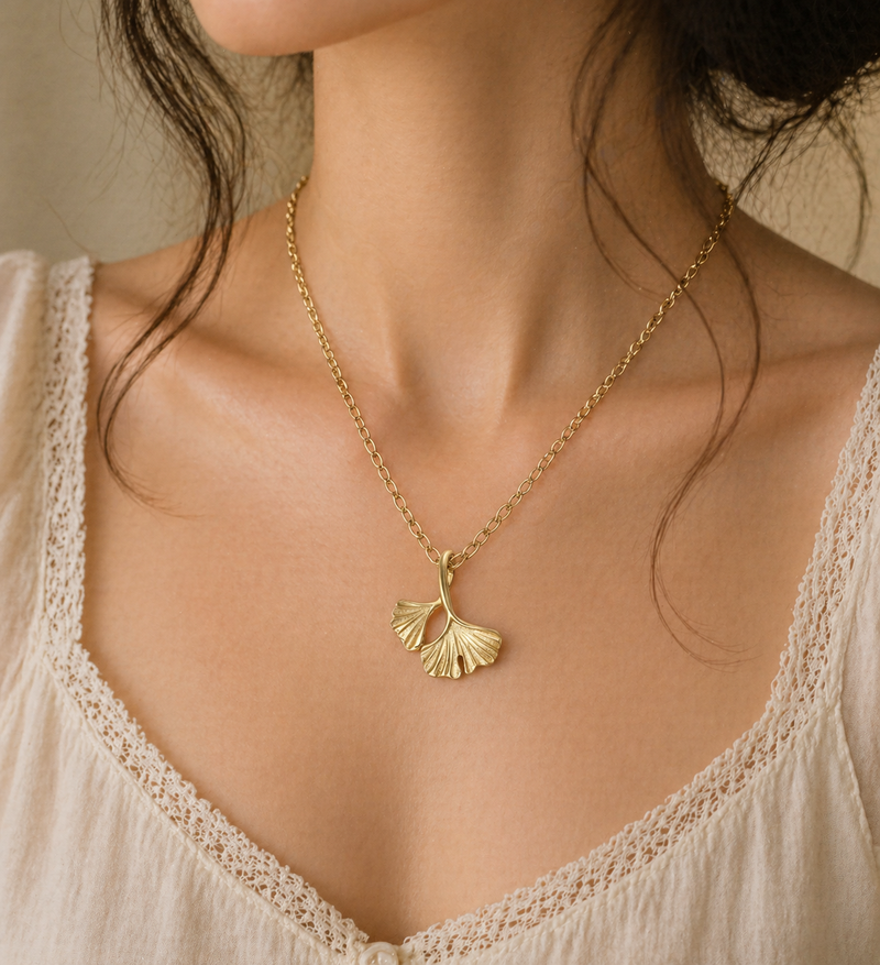 Sterling Silver Ginkgo Leaf Pendant and plated with 0.5 Micron 9K Yellow Gold