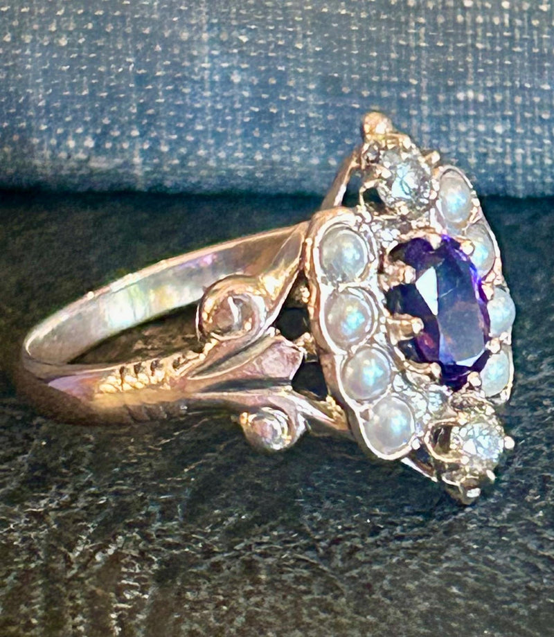 Victorian 14K amethyst, dia. & seed pearl size