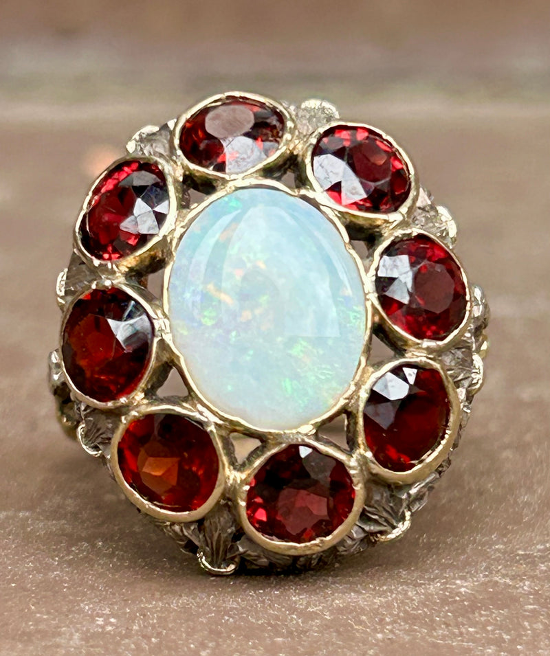 18K Opal and Garnet Ring Deco