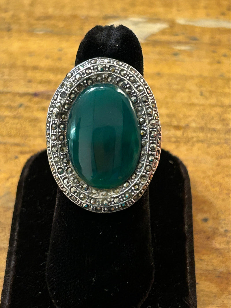 Art Deco Green Onyx & Marcasite Ring – Vintage Sterling Silver Statement Ring | Size 6.5