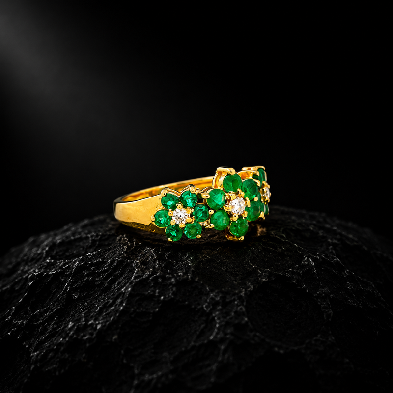 Emerald Floral Bloom Ring – 18K Yellow Gold
