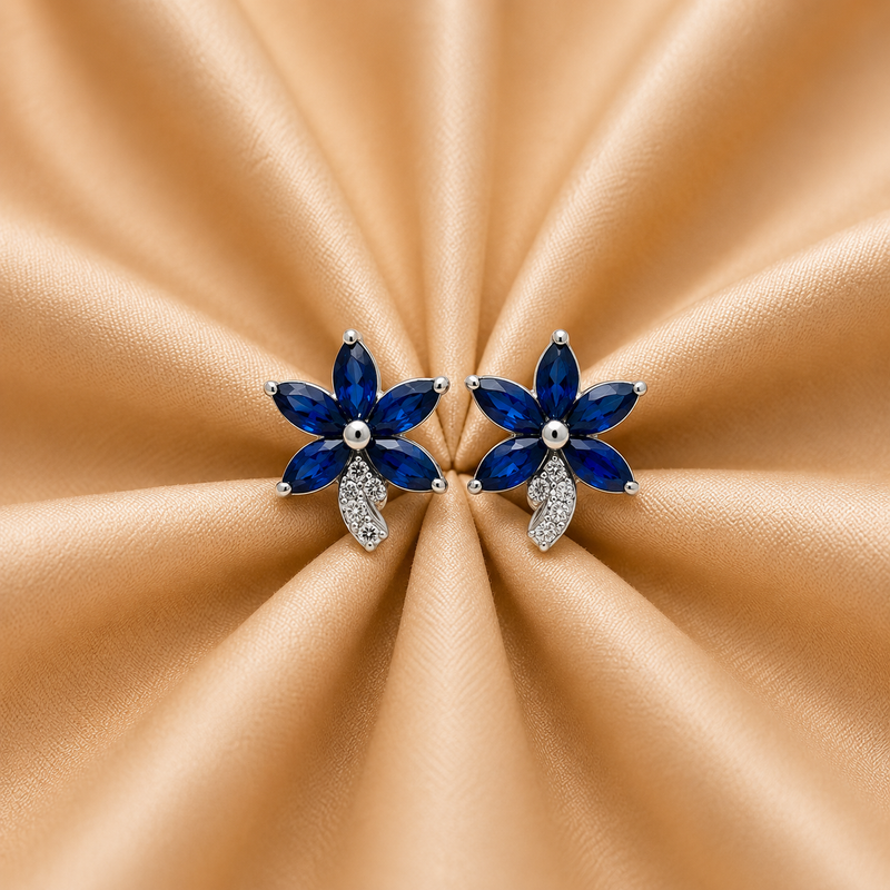 Sapphire Floral Bloom Earrings – 14K White Gold