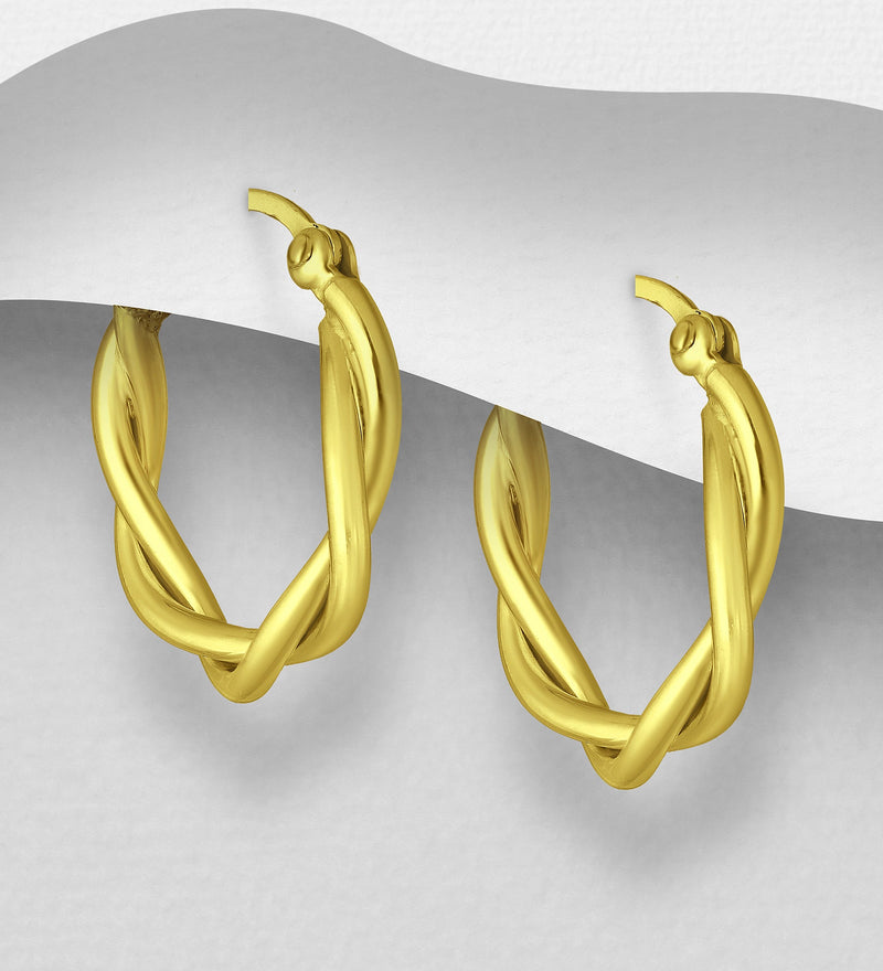 Sterling Silver Crisscross Hoop Earrings, Plated with 1 Micron 14K or 18K Yellow Gold