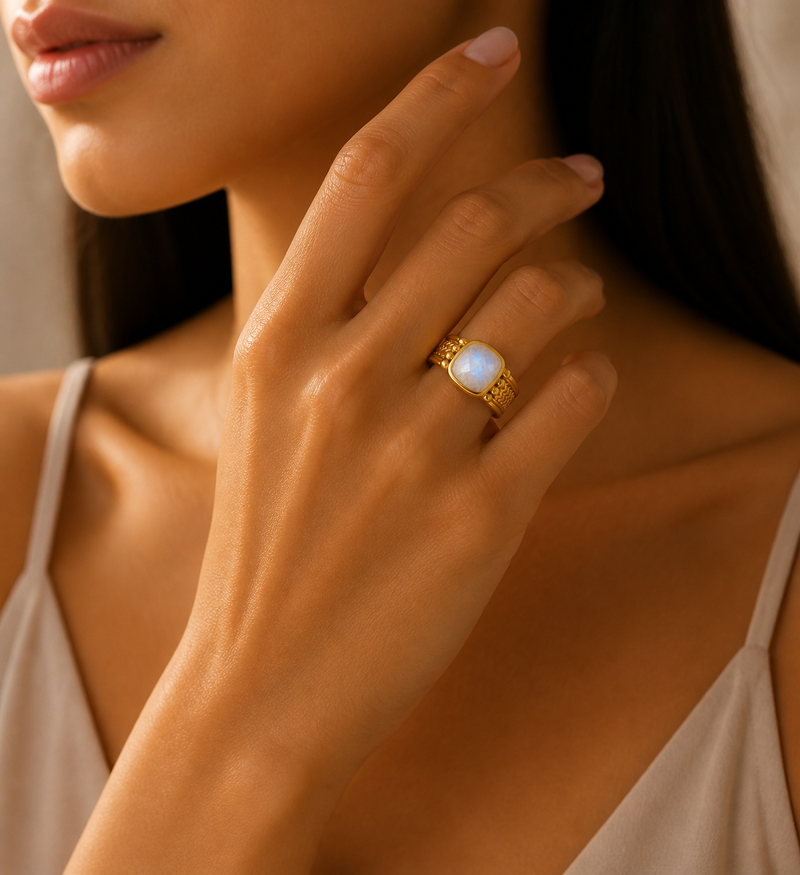 925 Sterling Silver Ring, Decorated with Rainbow Moonstone, Plated with 0.3 Micron 18K Yellow Gold