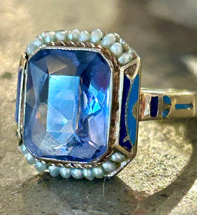 Art Deco 14K Synthetic sapphire with enamel and seed pearls, size 6 1/2
