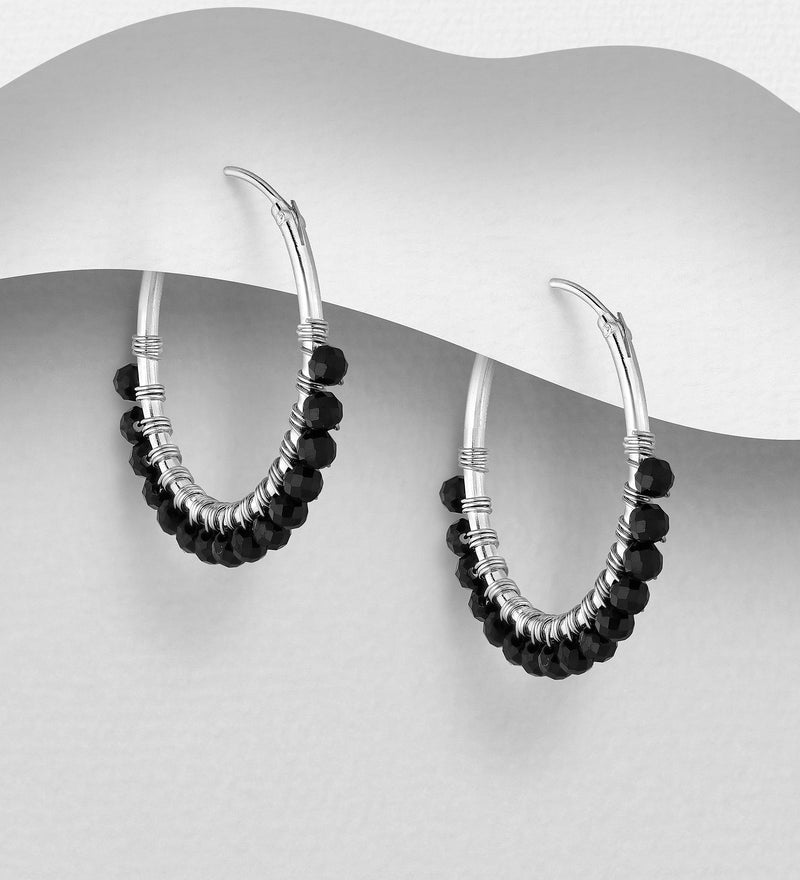 Sterling Silver Hoop Earrings with Various Gemstone Beads 8 color available