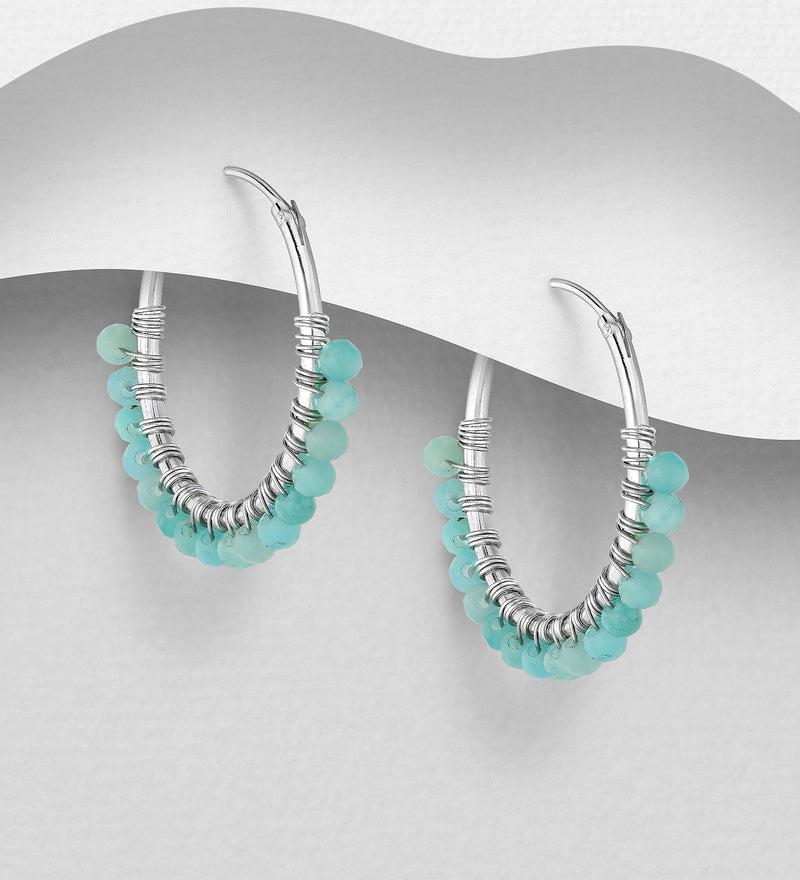 Sterling Silver Hoop Earrings with Various Gemstone Beads 8 color available
