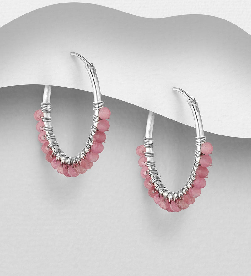 Sterling Silver Hoop Earrings with Various Gemstone Beads 8 color available