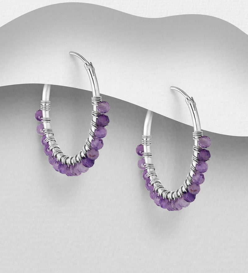 Sterling Silver Hoop Earrings with Various Gemstone Beads 8 color available