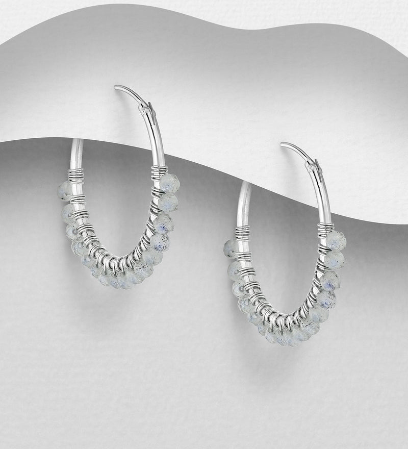 Sterling Silver Hoop Earrings with Various Gemstone Beads 8 color available