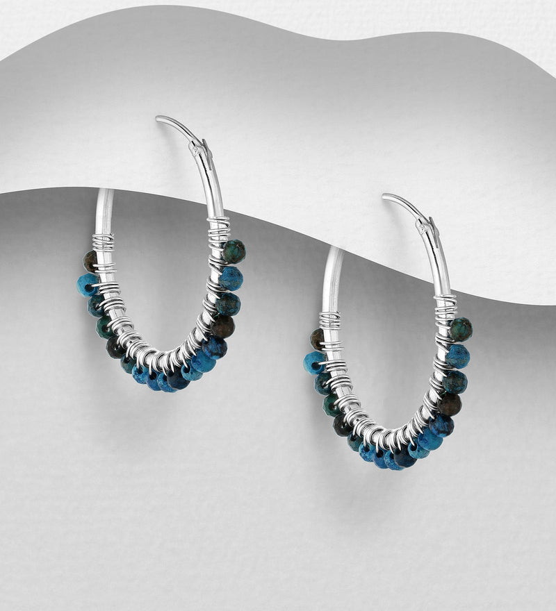 Sterling Silver Hoop Earrings with Various Gemstone Beads 8 color available