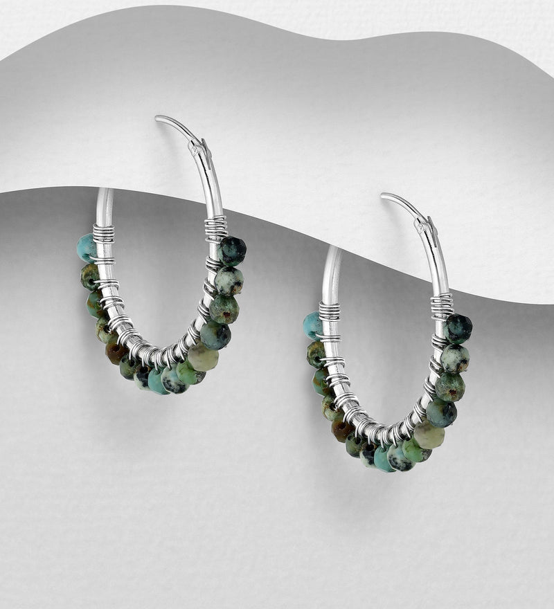 Sterling Silver Hoop Earrings with Various Gemstone Beads 8 color available