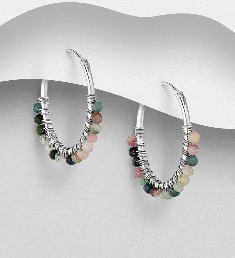 Sterling Silver Hoop Earrings with Various Gemstone Beads 8 color available