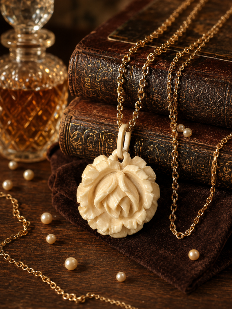 Victorian-Style Carved Ivory-Tone Rose Pendant