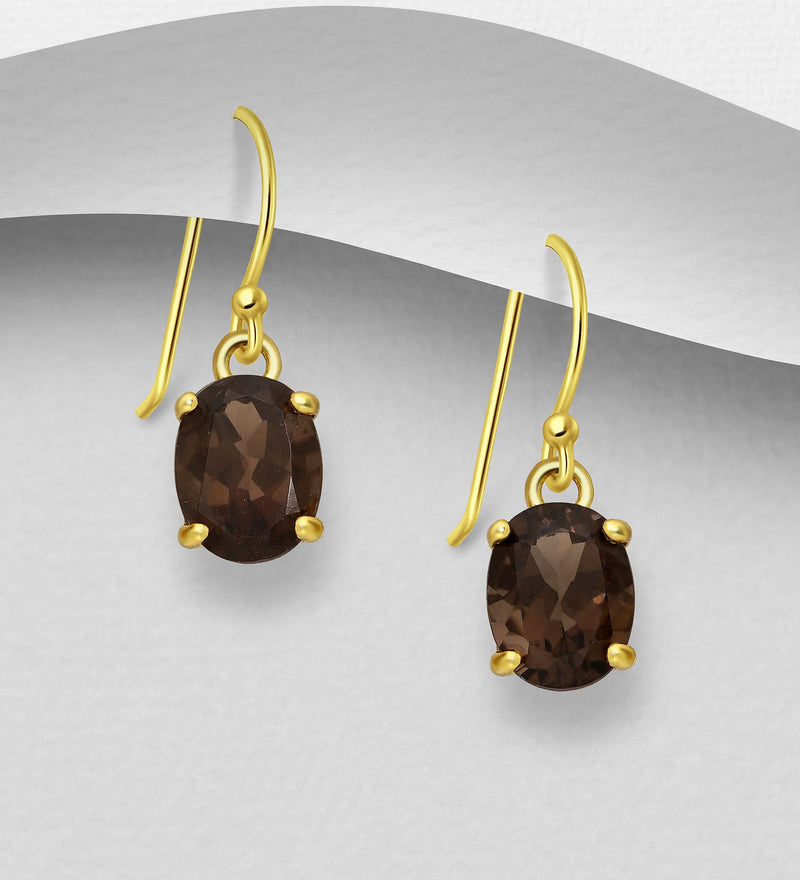 Silver Hook Earrings with Smoky Quartz, Plated with 0.5 Micron 18K Yellow Gold