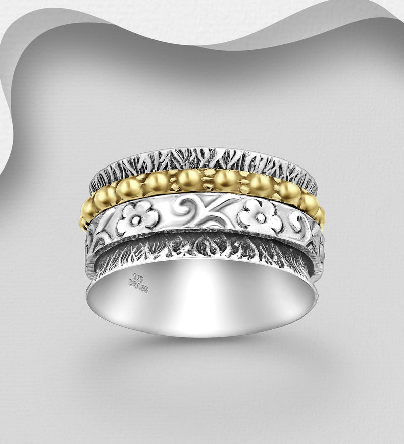 Sterling Oxidized Silver and Brass Flower Spin Ring